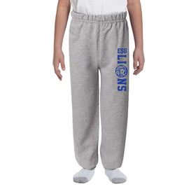A child wearing heather gray sweatpants with a blue vertical 'ESG LIONS' graphic on the left leg, shown against a plain white background.